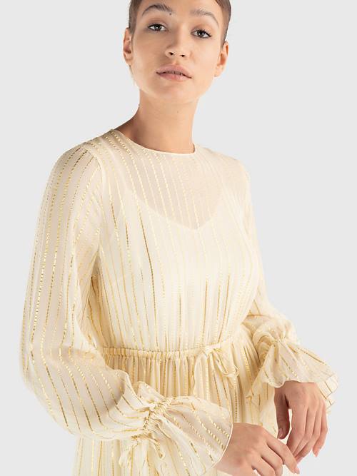 White Tommy Hilfiger Gold Stripe Silk Blend Maxi Women's Dress | TH671OCM