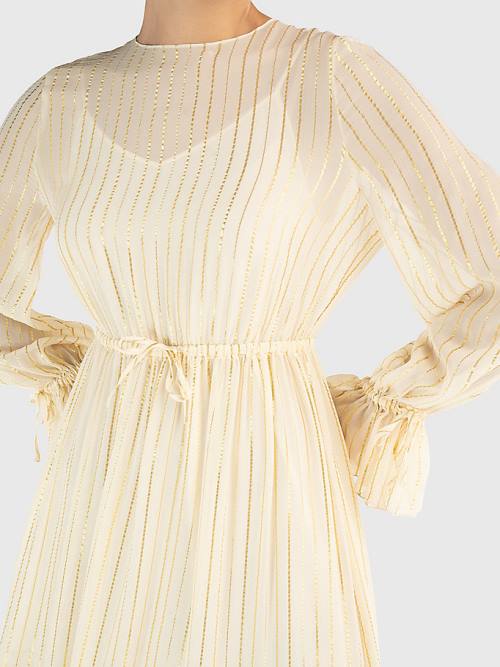 White Tommy Hilfiger Gold Stripe Silk Blend Maxi Women's Dress | TH671OCM