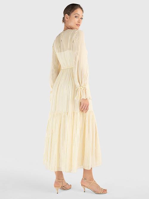 White Tommy Hilfiger Gold Stripe Silk Blend Maxi Women's Dress | TH671OCM