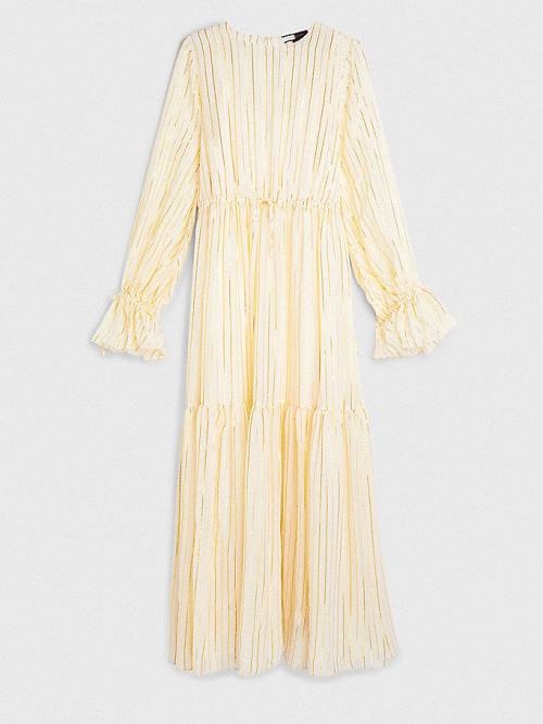 White Tommy Hilfiger Gold Stripe Silk Blend Maxi Women's Dress | TH671OCM