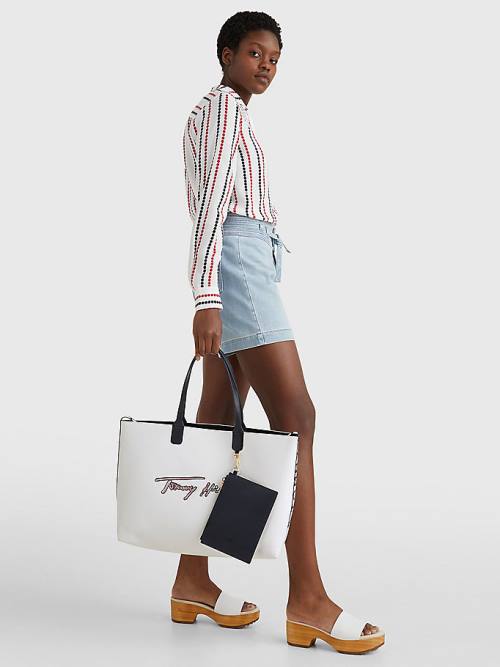 White Tommy Hilfiger Iconic Signature Tote Women's Bags | TH873VZS