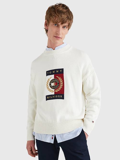 White Tommy Hilfiger Icons Intarsia Graphic Jumper Men\'s Sweaters | TH287KPM