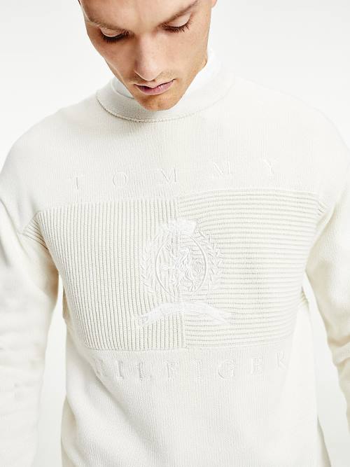 White Tommy Hilfiger Icons Oversized Crest Flag Jumper Men's Sweaters | TH091MPR