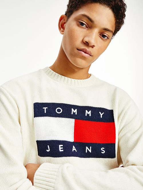 White Tommy Hilfiger Intarsia Flag Relaxed Fit Jumper Men's Sweaters | TH752MWS