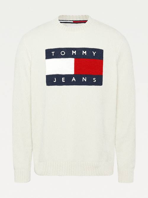 White Tommy Hilfiger Intarsia Flag Relaxed Fit Jumper Men's Sweaters | TH752MWS