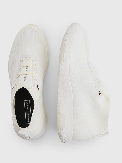 White Tommy Hilfiger Knitted Runner High-Top Men's Sneakers | TH709IQL