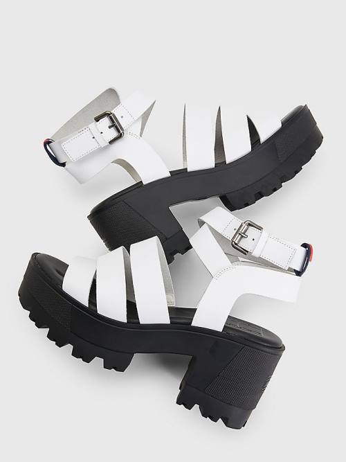 White Tommy Hilfiger Leather Block Heel Women's Sandals | TH501TQM