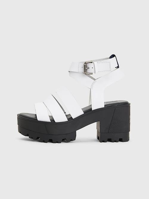 White Tommy Hilfiger Leather Block Heel Women's Sandals | TH501TQM