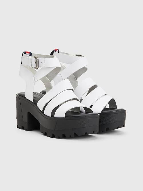 White Tommy Hilfiger Leather Block Heel Women\'s Sandals | TH501TQM