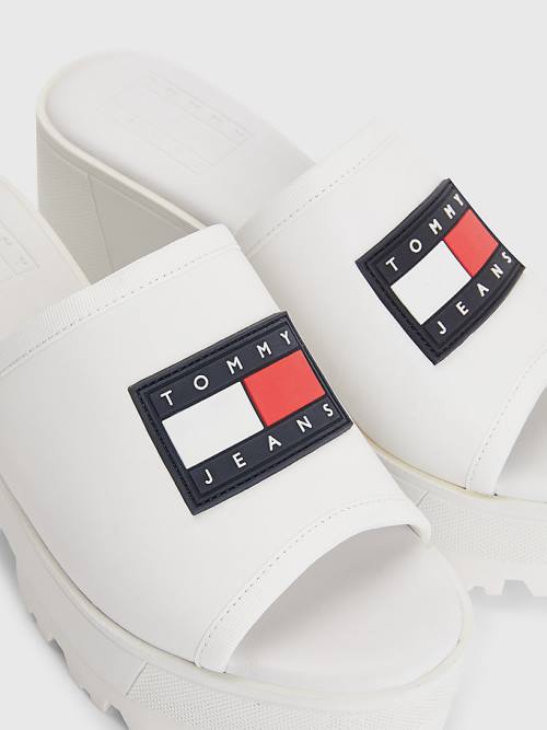 White Tommy Hilfiger Leather Flag Block Heel Mules Women's Sandals | TH072LTW