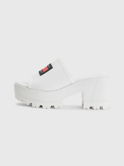 White Tommy Hilfiger Leather Flag Block Heel Mules Women's Sandals | TH072LTW