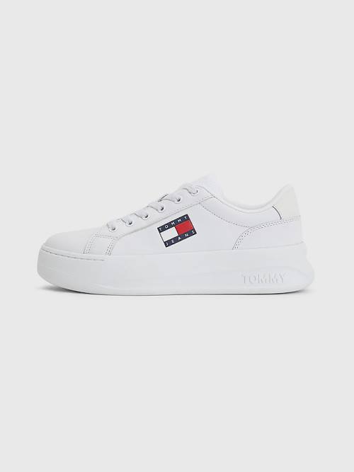 White Tommy Hilfiger Leather Flatform Women's Sneakers | TH809RMY