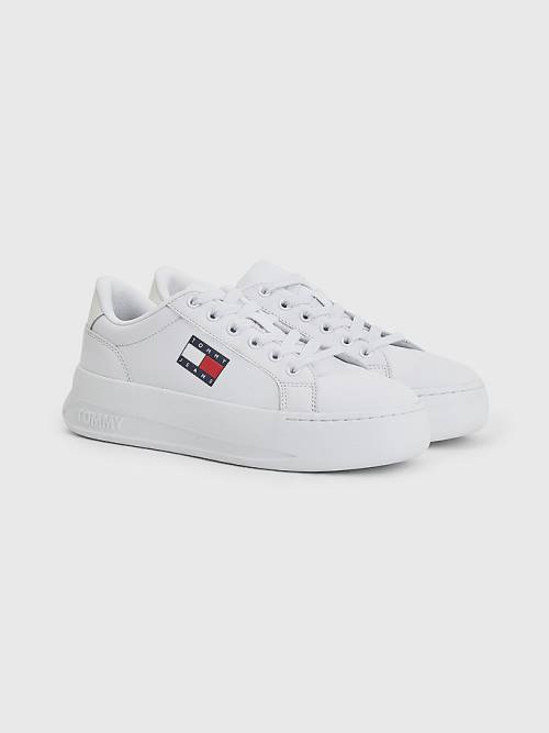 White Tommy Hilfiger Leather Flatform Women\'s Sneakers | TH809RMY