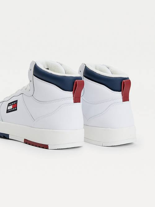 White Tommy Hilfiger Leather Mid-Top Men's Sneakers | TH579ZPK