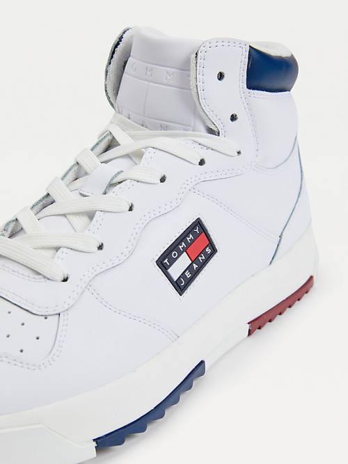 White Tommy Hilfiger Leather Mid-Top Men's Sneakers | TH579ZPK