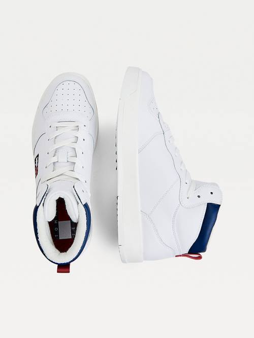 White Tommy Hilfiger Leather Mid-Top Men's Sneakers | TH579ZPK