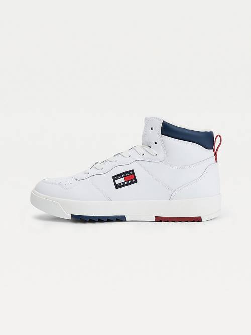 White Tommy Hilfiger Leather Mid-Top Men's Sneakers | TH579ZPK