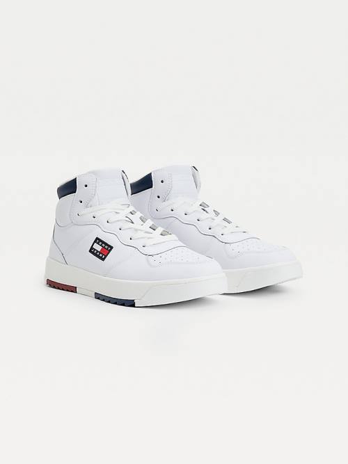 White Tommy Hilfiger Leather Mid-Top Men\'s Sneakers | TH579ZPK