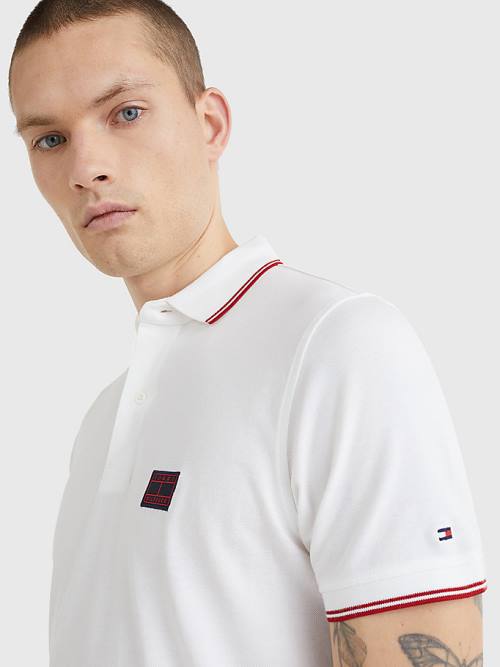 White Tommy Hilfiger Logo Contrast Tipped Slim Men's Polo Shirts | TH781GWM