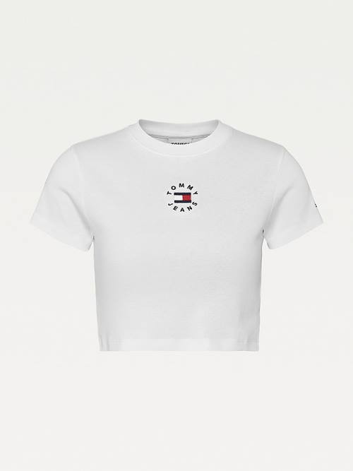 White Tommy Hilfiger Logo Embroidery Cropped Women's T Shirts | TH179OGK