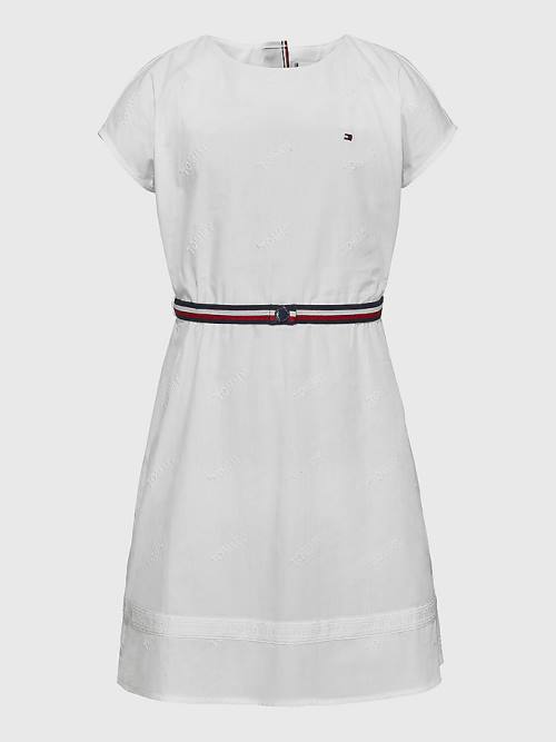 White Tommy Hilfiger Logo Embroidery Fit & Flare Girls\' Dress | TH240XKE