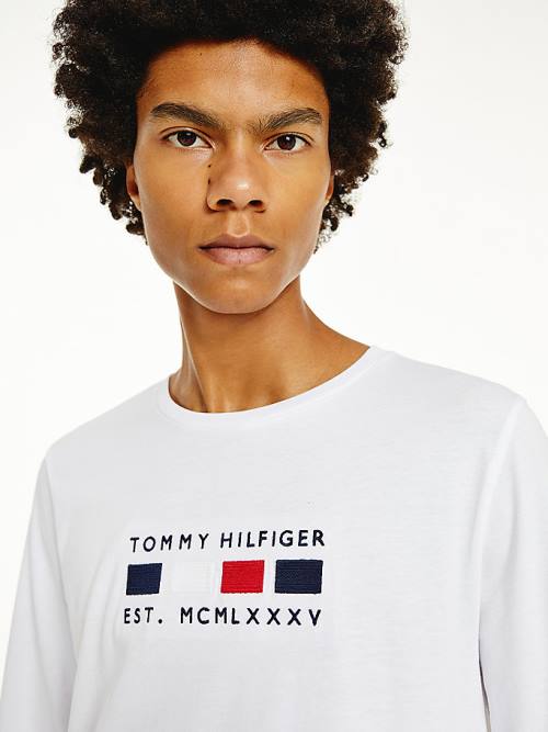 White Tommy Hilfiger Logo Embroidery Long Sleeve Men's T Shirts | TH790WID