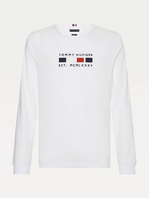 White Tommy Hilfiger Logo Embroidery Long Sleeve Men's T Shirts | TH790WID