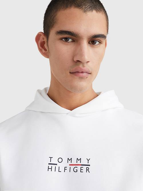 White Tommy Hilfiger Logo Embroidery Men's Hoodie | TH594QZB