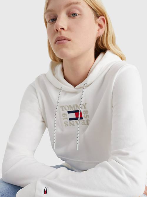 White Tommy Hilfiger Logo Embroidery Women's Hoodie | TH260FRN