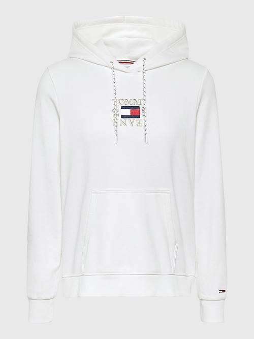 White Tommy Hilfiger Logo Embroidery Women's Hoodie | TH260FRN