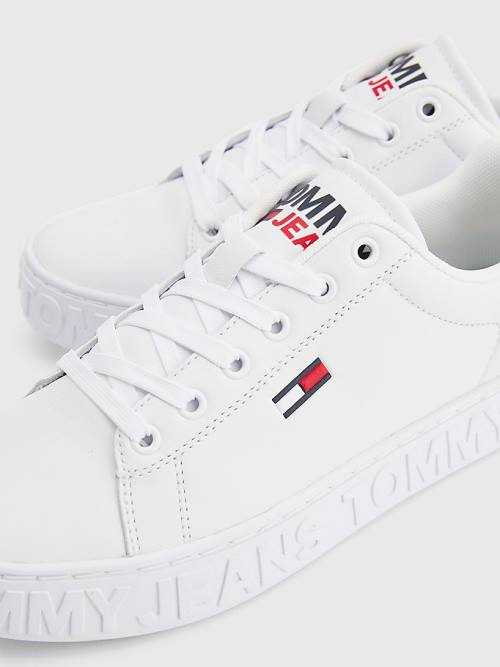 White Tommy Hilfiger Logo Leather Cupsole Women's Sneakers | TH129DUK