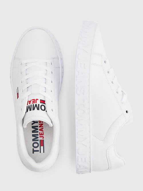 White Tommy Hilfiger Logo Leather Cupsole Women's Sneakers | TH129DUK