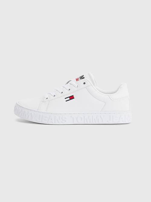 White Tommy Hilfiger Logo Leather Cupsole Women's Sneakers | TH129DUK