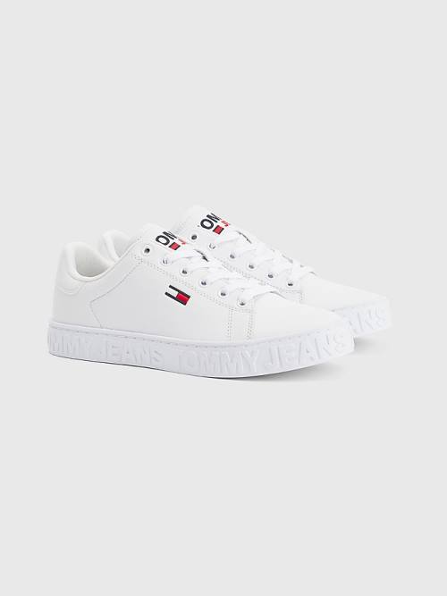 White Tommy Hilfiger Logo Leather Cupsole Women\'s Sneakers | TH129DUK