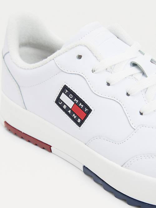 White Tommy Hilfiger Logo Leather Cupsole Men's Sneakers | TH786XYT