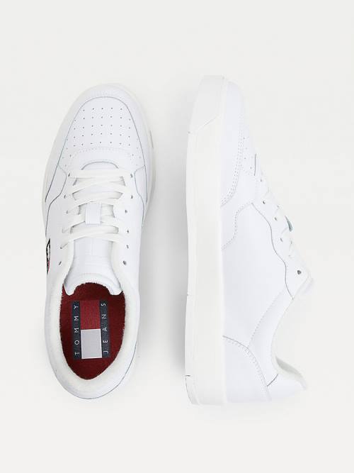 White Tommy Hilfiger Logo Leather Cupsole Men's Sneakers | TH786XYT