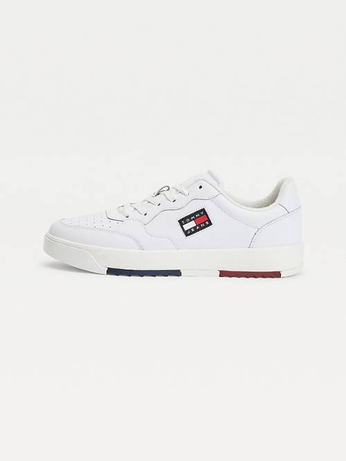 White Tommy Hilfiger Logo Leather Cupsole Men's Sneakers | TH786XYT