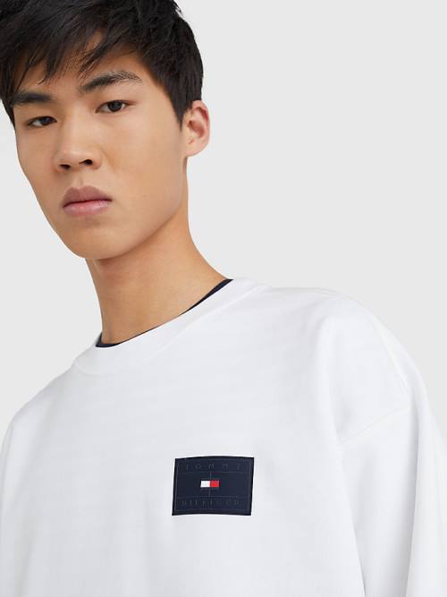 White Tommy Hilfiger Logo Print Crew Neck Men's Sweatshirts | TH913UNP