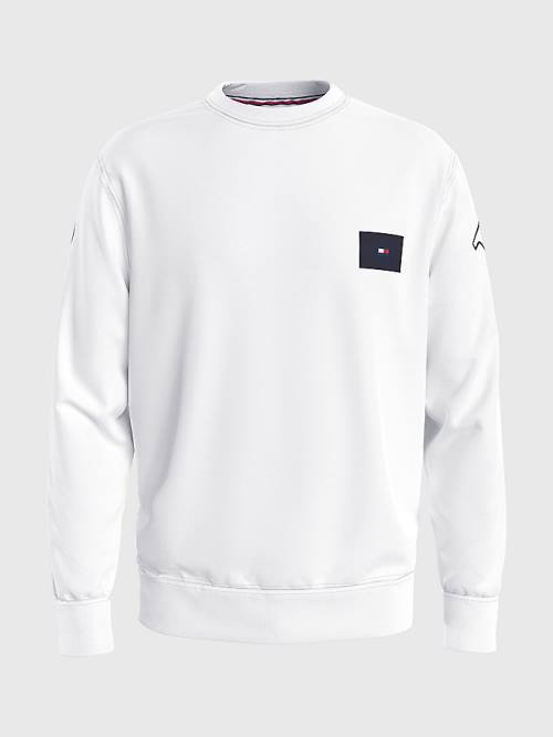 White Tommy Hilfiger Logo Print Crew Neck Men's Sweatshirts | TH913UNP