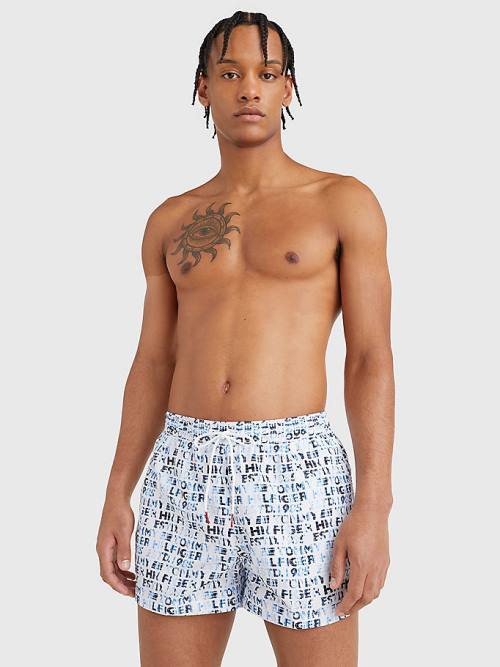 White Tommy Hilfiger Logo Print Short Length Shorts Men's Swimwear | TH653SKO