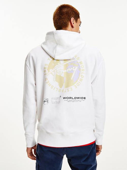 White Tommy Hilfiger Logo Relaxed Fit Men's Hoodie | TH286YBZ