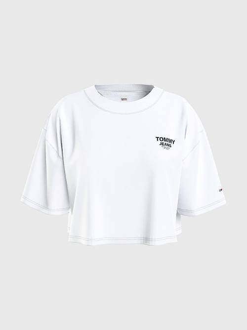 White Tommy Hilfiger Logo Tape Oversized Cropped Women's T Shirts | TH078BYS