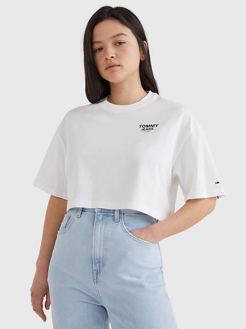 White Tommy Hilfiger Logo Tape Oversized Cropped Women\'s T Shirts | TH078BYS