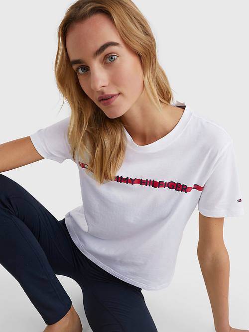 White Tommy Hilfiger Logo Tape Women's T Shirts | TH246KWO