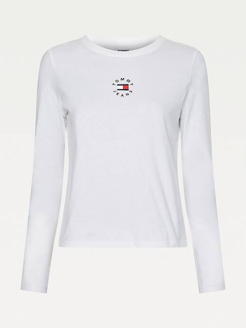 White Tommy Hilfiger Long Sleeve Logo Slim Fit Women's T Shirts | TH296CVB