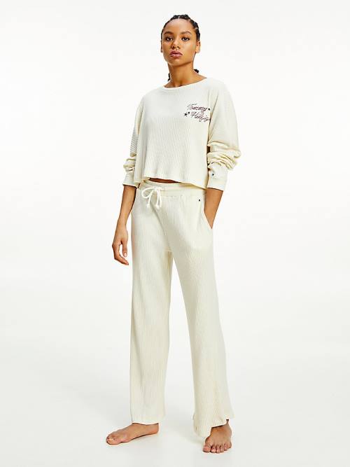 White Tommy Hilfiger Lounge Rib-Knit Cropped Long Sleeve Women's Pyjamas | TH086VUQ