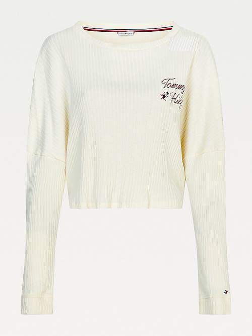 White Tommy Hilfiger Lounge Rib-Knit Cropped Long Sleeve Women's Pyjamas | TH086VUQ