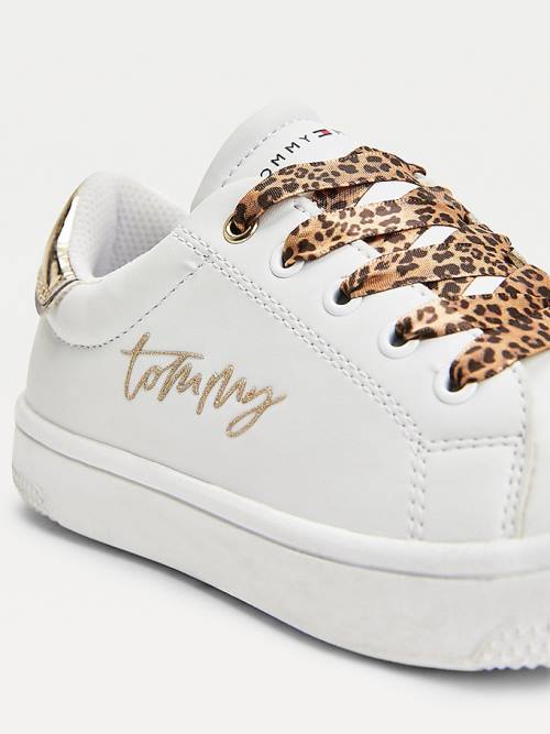 White Tommy Hilfiger Low-Top Leopard Lace-Up Girls' Sneakers | TH412QHF