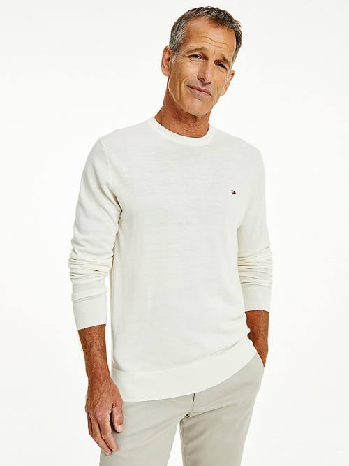 White Tommy Hilfiger Merino Wool Crew Neck Jumper Men's Sweaters | TH263KQT