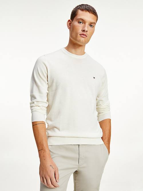 White Tommy Hilfiger Merino Wool Crew Neck Jumper Men\'s Sweaters | TH263KQT